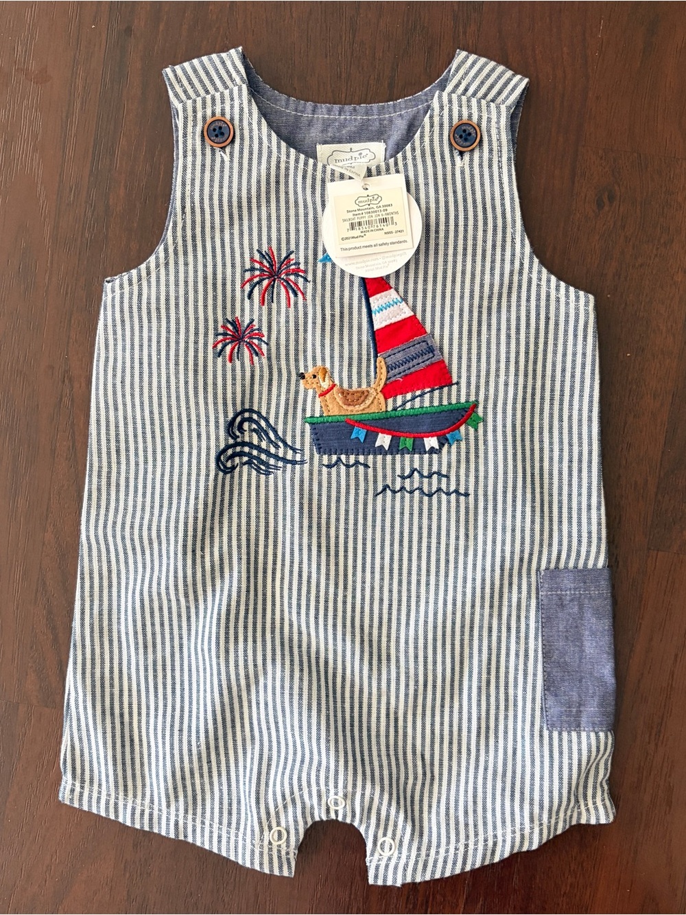 Mud Pie Baby Boy 6-9M Nautical Sailboat Striped Shortall Jon Jon NWT